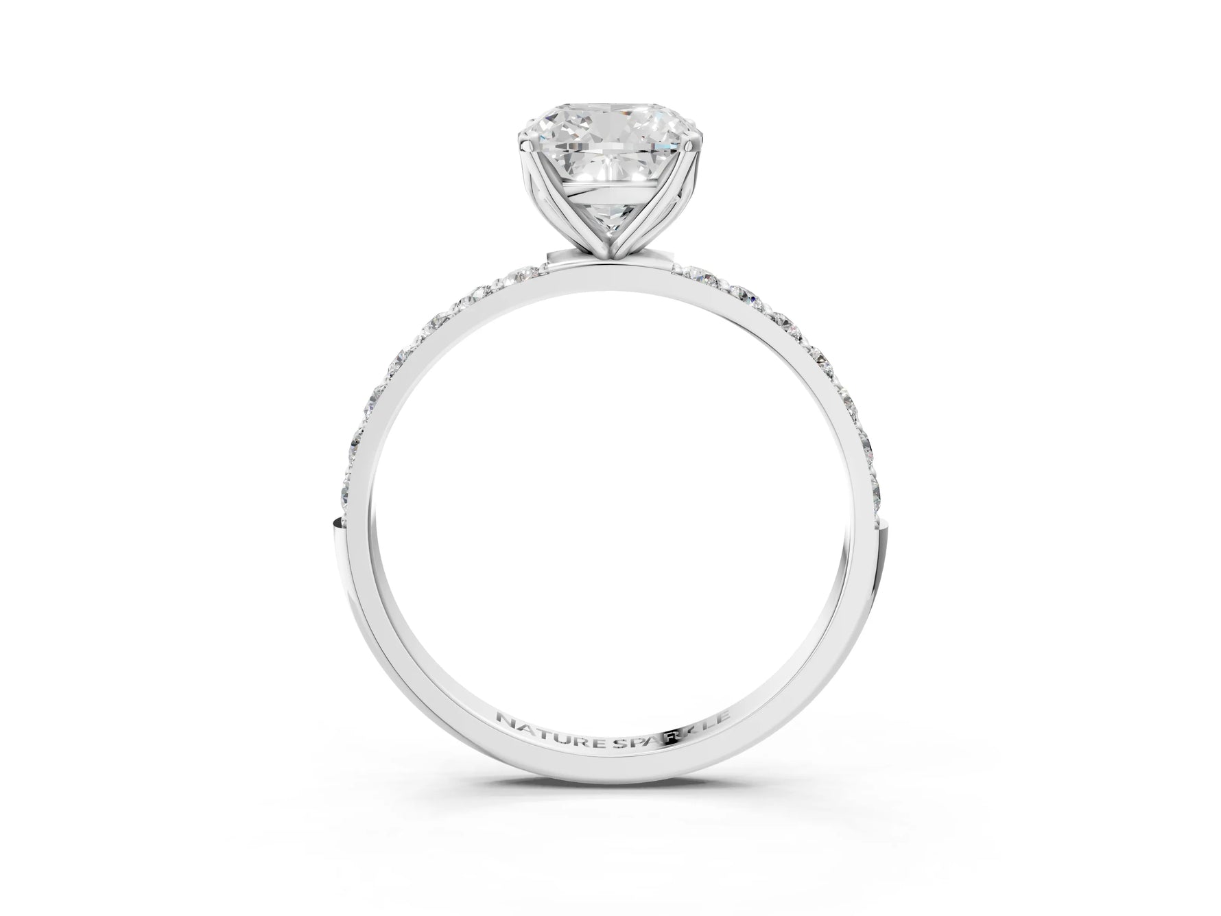 Cushion Cut Diamond Solitaire Ring in White gold with Round Shared Prong Pavé Band_21