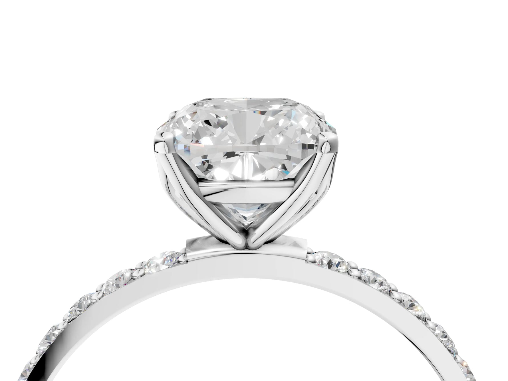 Cushion Cut Diamond Solitaire Ring in White gold with Round Shared Prong Pavé Band_22