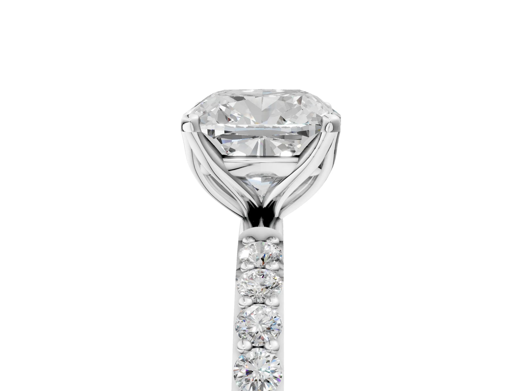 Cushion Cut Diamond Solitaire Ring in White gold with Round Shared Prong Pavé Band_23