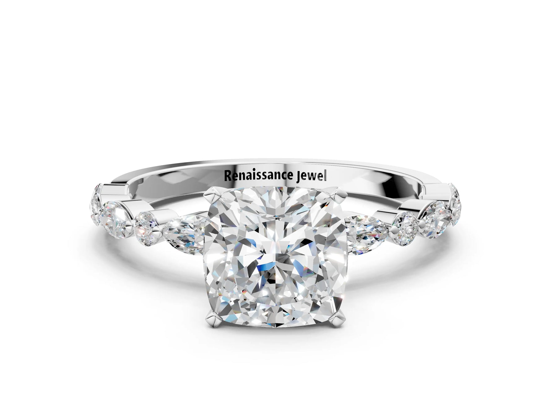 Cushion Cut Diamond Solitaire Ring in White gold with Shared Prong Marquise and Round Side Stones_12