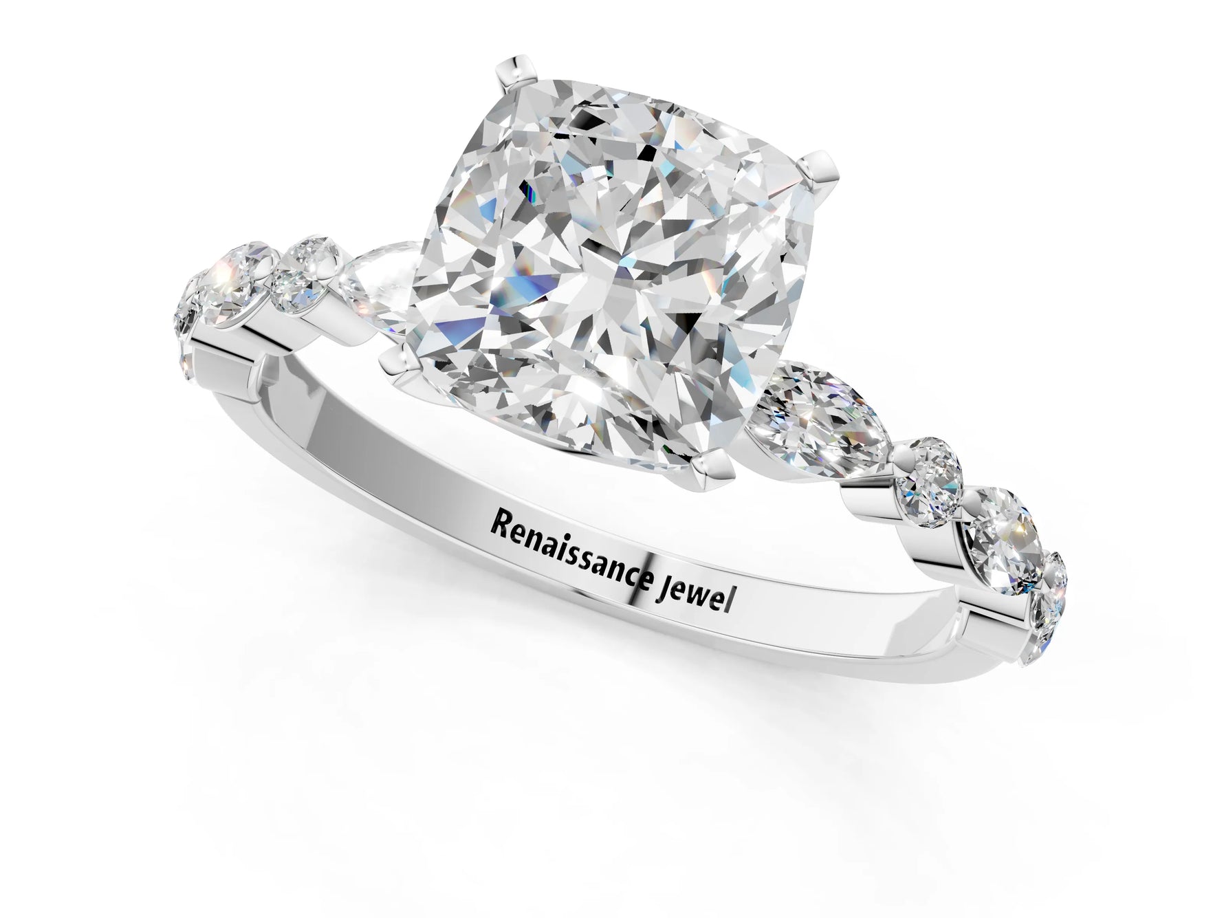 Cushion Cut Diamond Solitaire Ring in White gold with Shared Prong Marquise and Round Side Stones_13