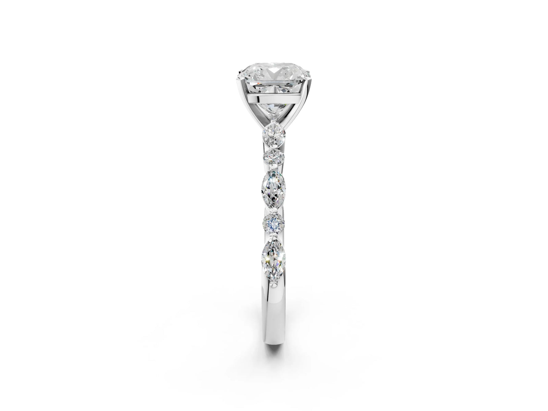 Cushion Cut Diamond Solitaire Ring in White gold with Shared Prong Marquise and Round Side Stones_14