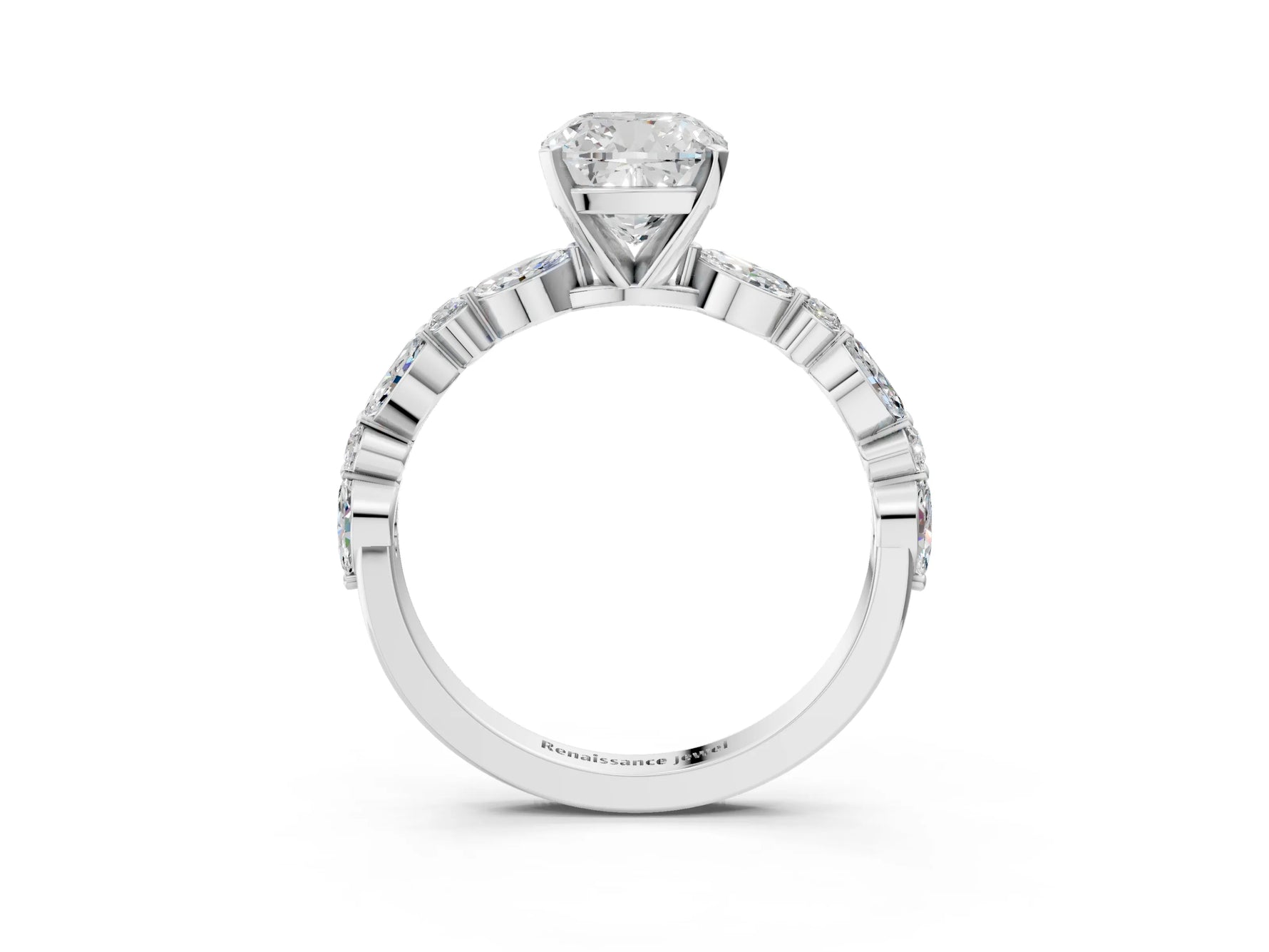 Cushion Cut Diamond Solitaire Ring in White gold with Shared Prong Marquise and Round Side Stones_15
