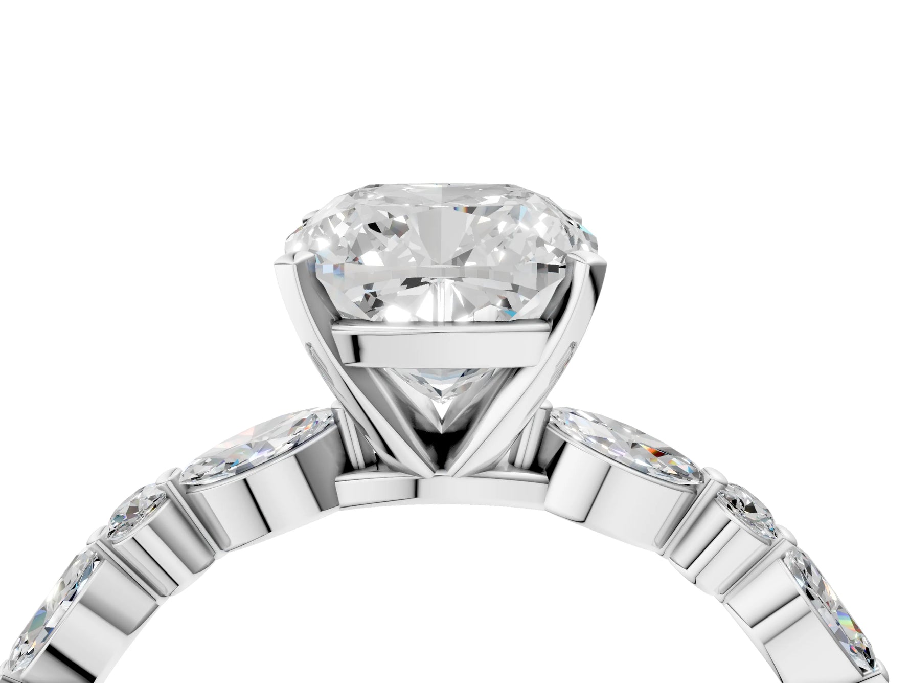 Cushion Cut Diamond Solitaire Ring in White gold with Shared Prong Marquise and Round Side Stones_16