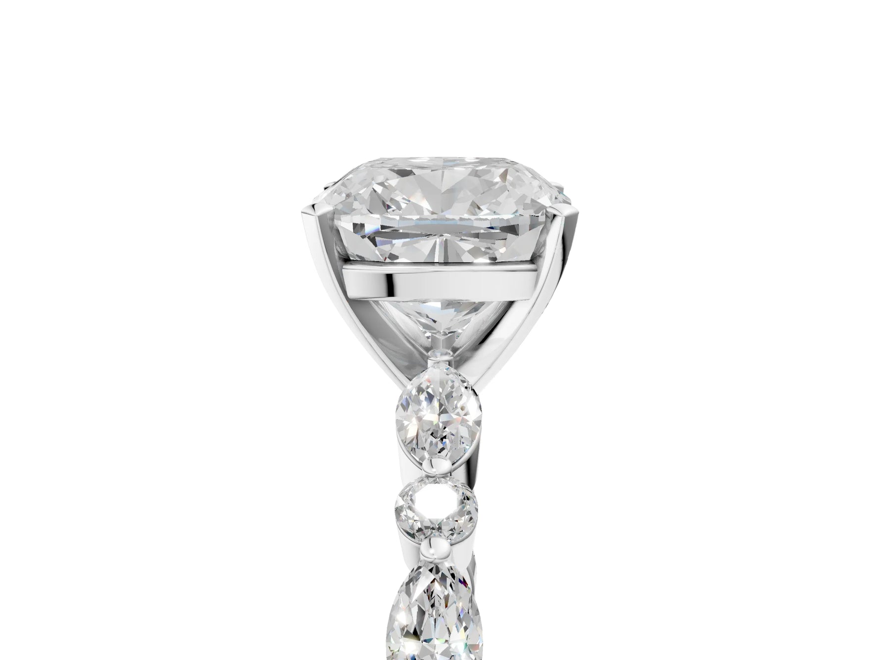 Cushion Cut Diamond Solitaire Ring in White gold with Shared Prong Marquise and Round Side Stones_17