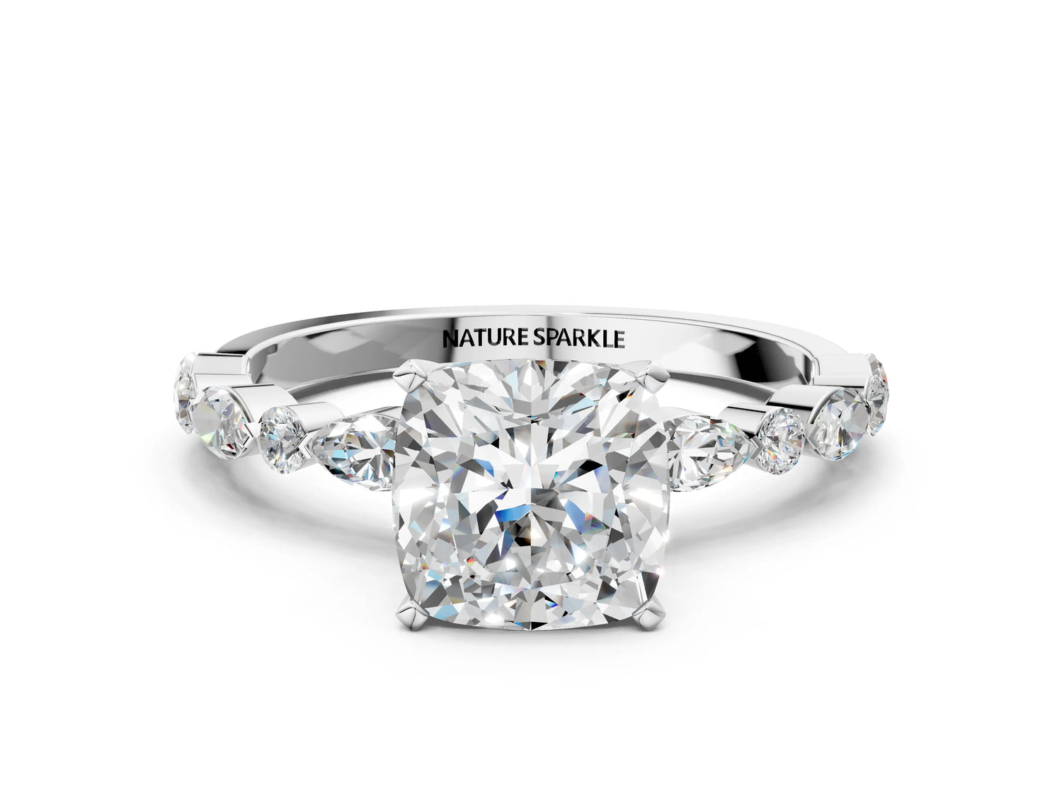 Cushion Cut Diamond Solitaire Ring in White gold with Shared Prong Marquise and Round Side Stones_30