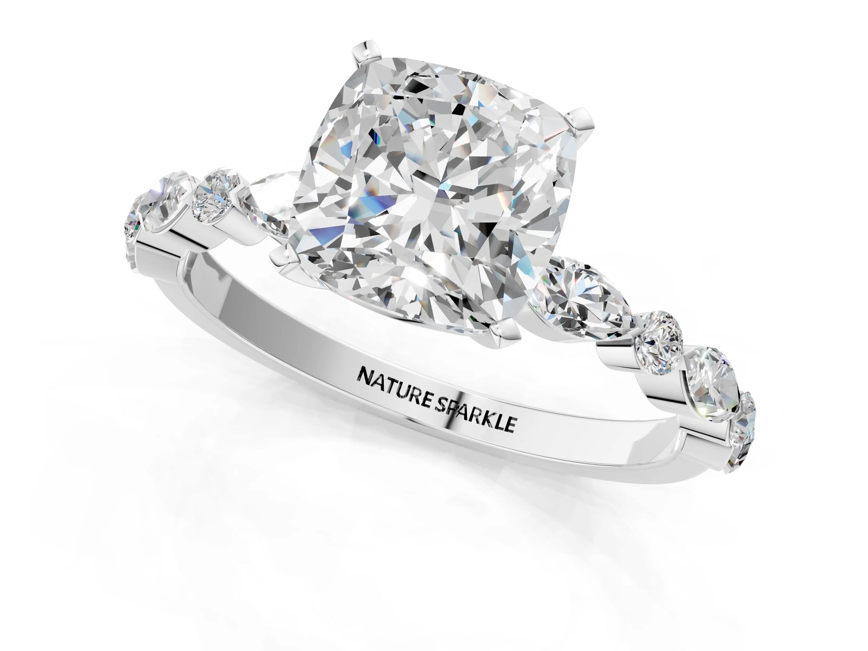 Cushion Cut Diamond Solitaire Ring in White gold with Shared Prong Marquise and Round Side Stones_31