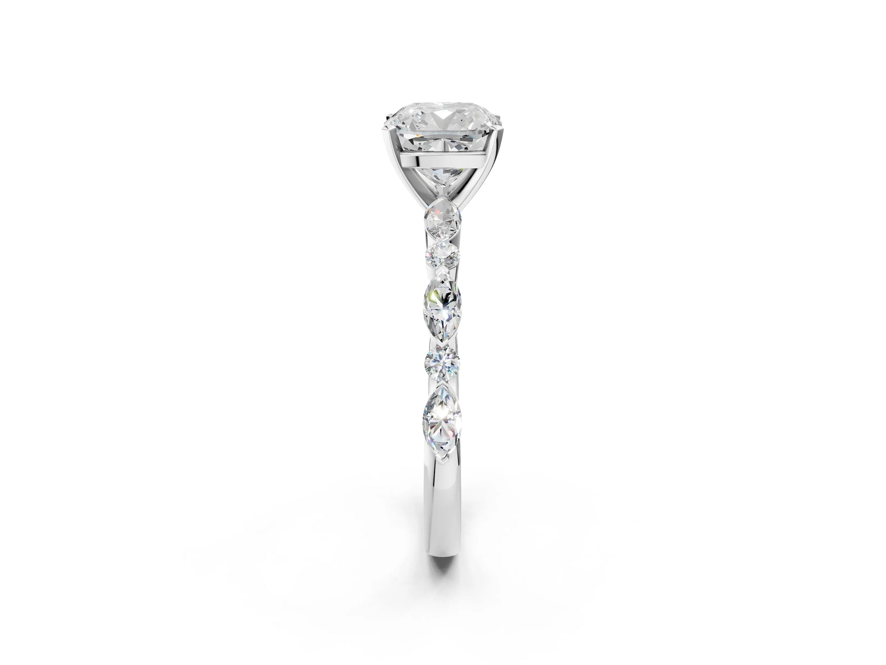 Cushion Cut Diamond Solitaire Ring in White gold with Shared Prong Marquise and Round Side Stones_32
