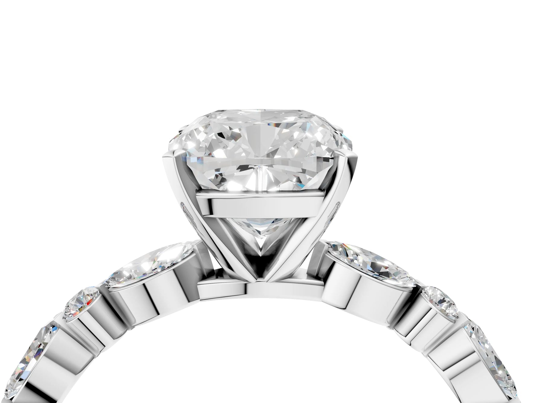 Cushion Cut Diamond Solitaire Ring in White gold with Shared Prong Marquise and Round Side Stones_34