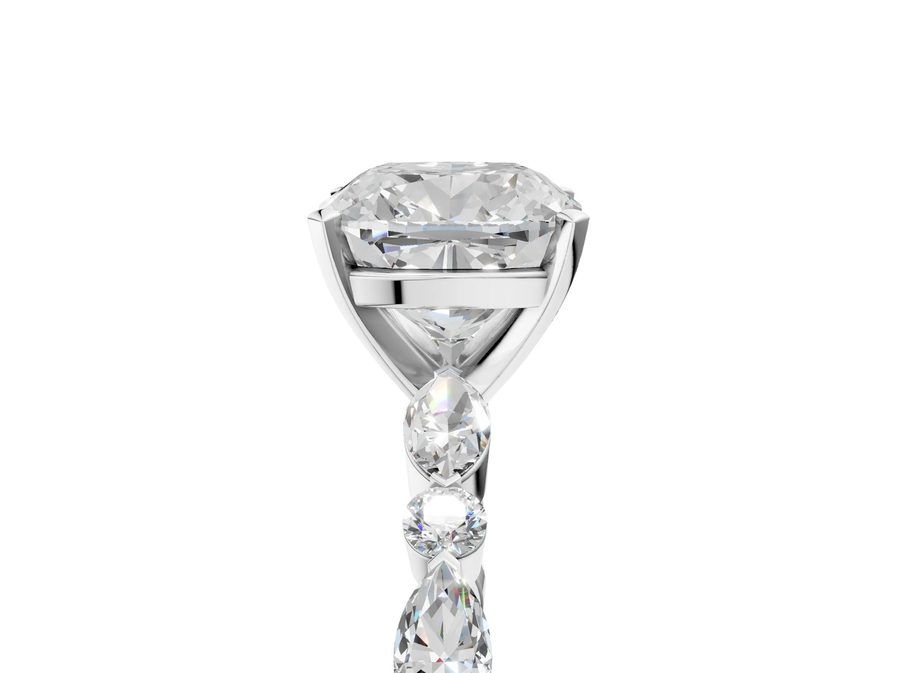 Cushion Cut Diamond Solitaire Ring in White gold with Shared Prong Marquise and Round Side Stones_35