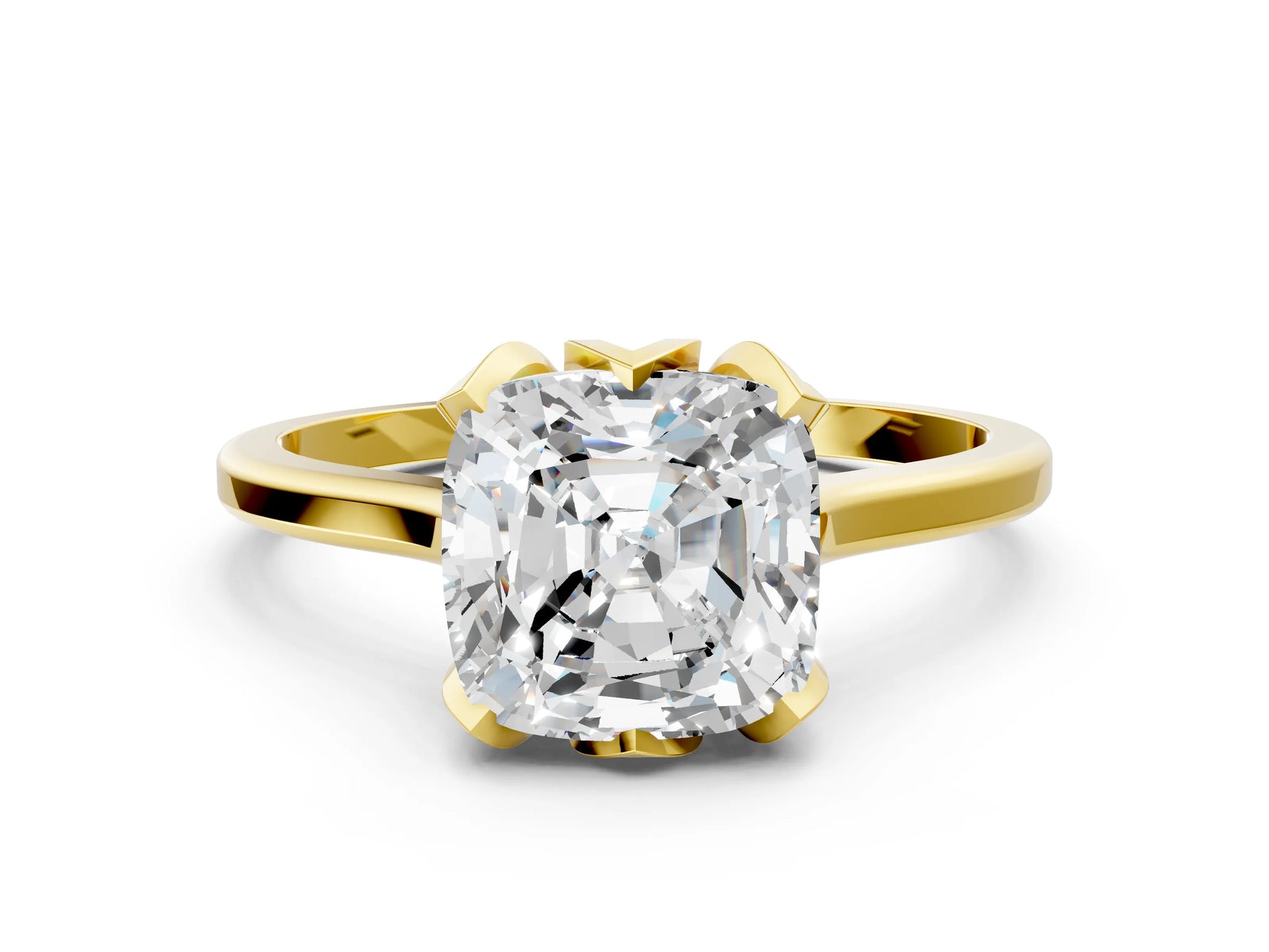 Cushion Cut Diamond Solitaire Ring in Yellow gold with Flower Prong Setting_18