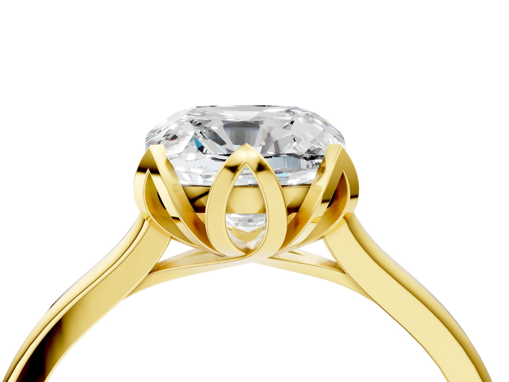 Cushion Cut Diamond Solitaire Ring in Yellow gold with Flower Prong Setting_22