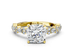 Cushion Cut Diamond Solitaire Ring in Yellow gold with Pear and Round Cluster Band_12