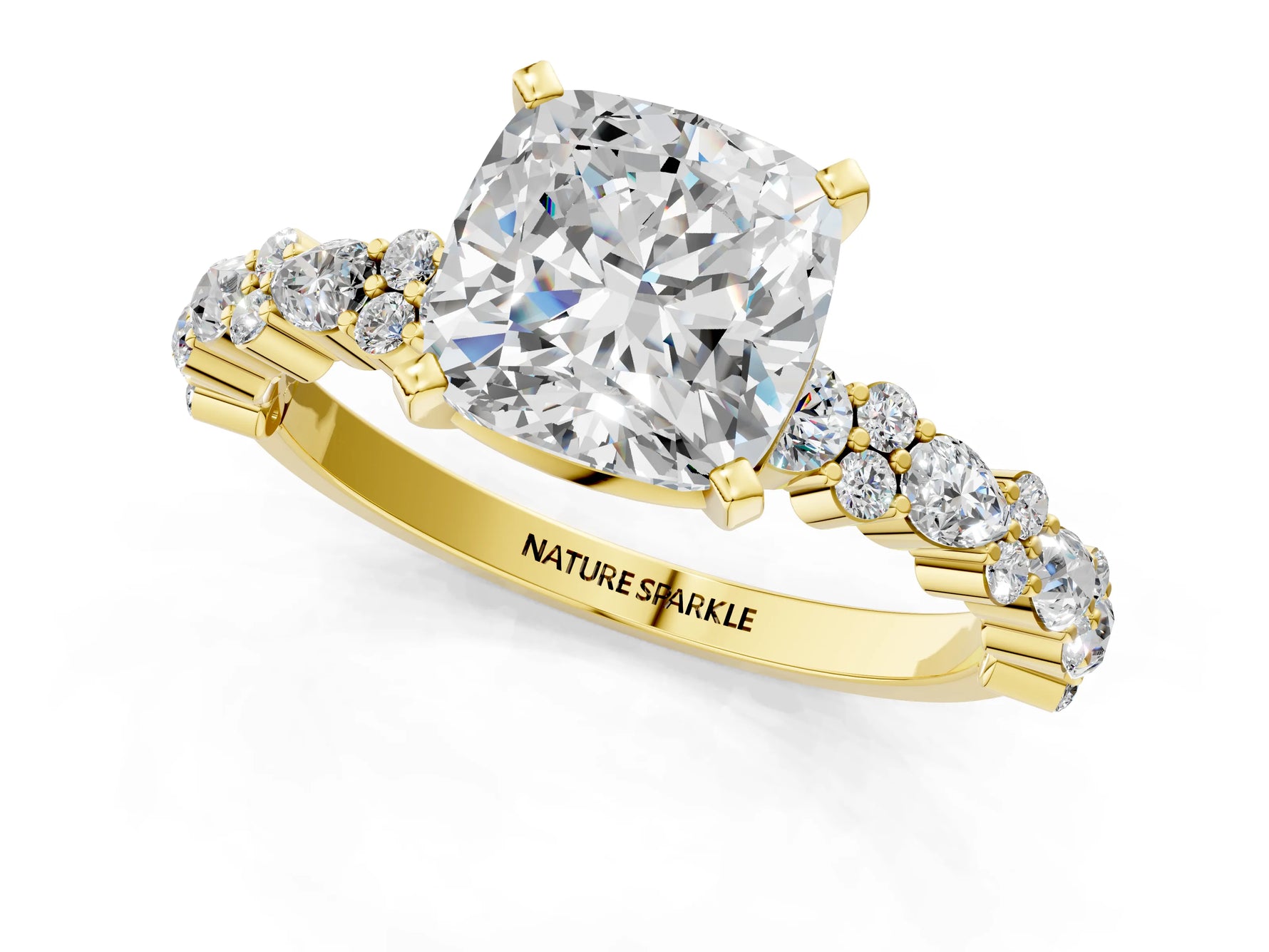 Cushion Cut Diamond Solitaire Ring in Yellow gold with Pear and Round Cluster Band_13