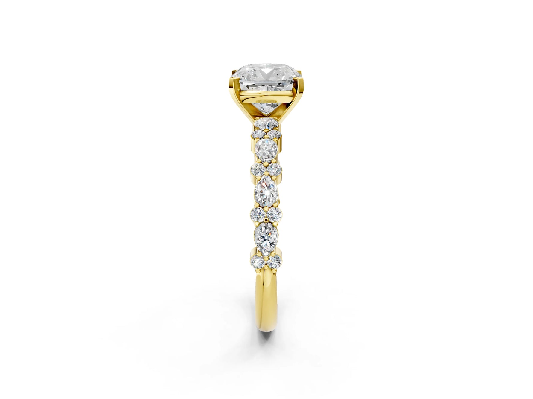 Cushion Cut Diamond Solitaire Ring in Yellow gold with Pear and Round Cluster Band_14