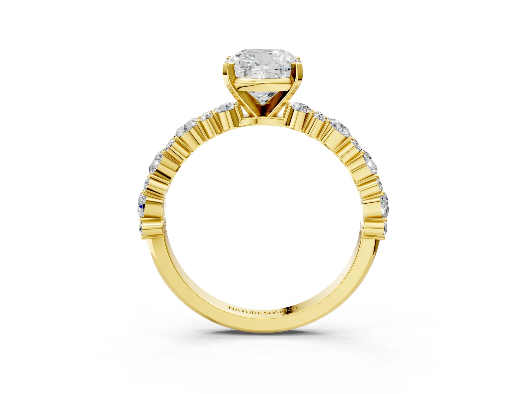 Cushion Cut Diamond Solitaire Ring in Yellow gold with Pear and Round Cluster Band_15