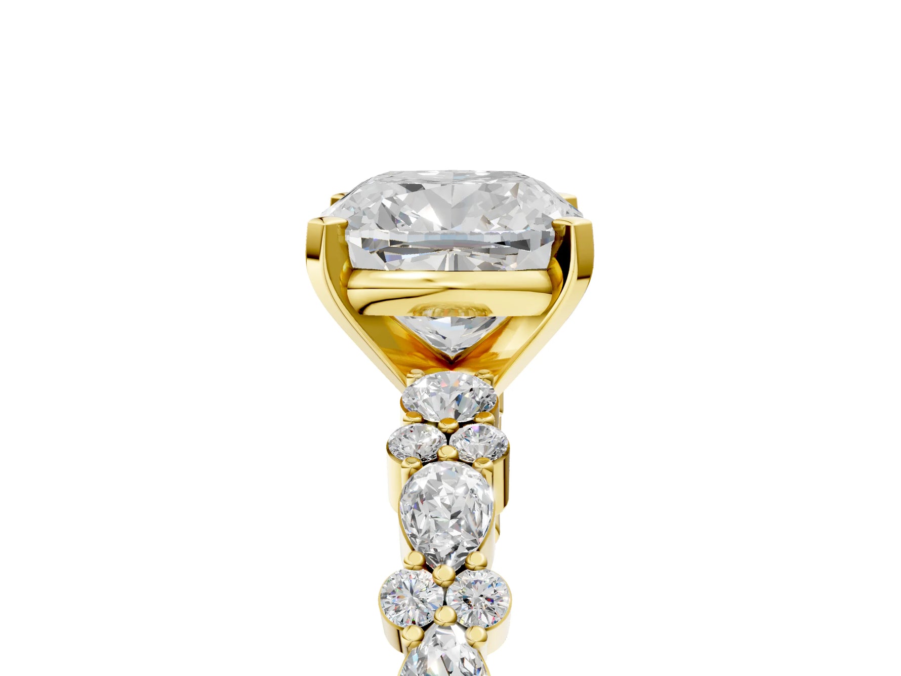 Cushion Cut Diamond Solitaire Ring in Yellow gold with Pear and Round Cluster Band_17