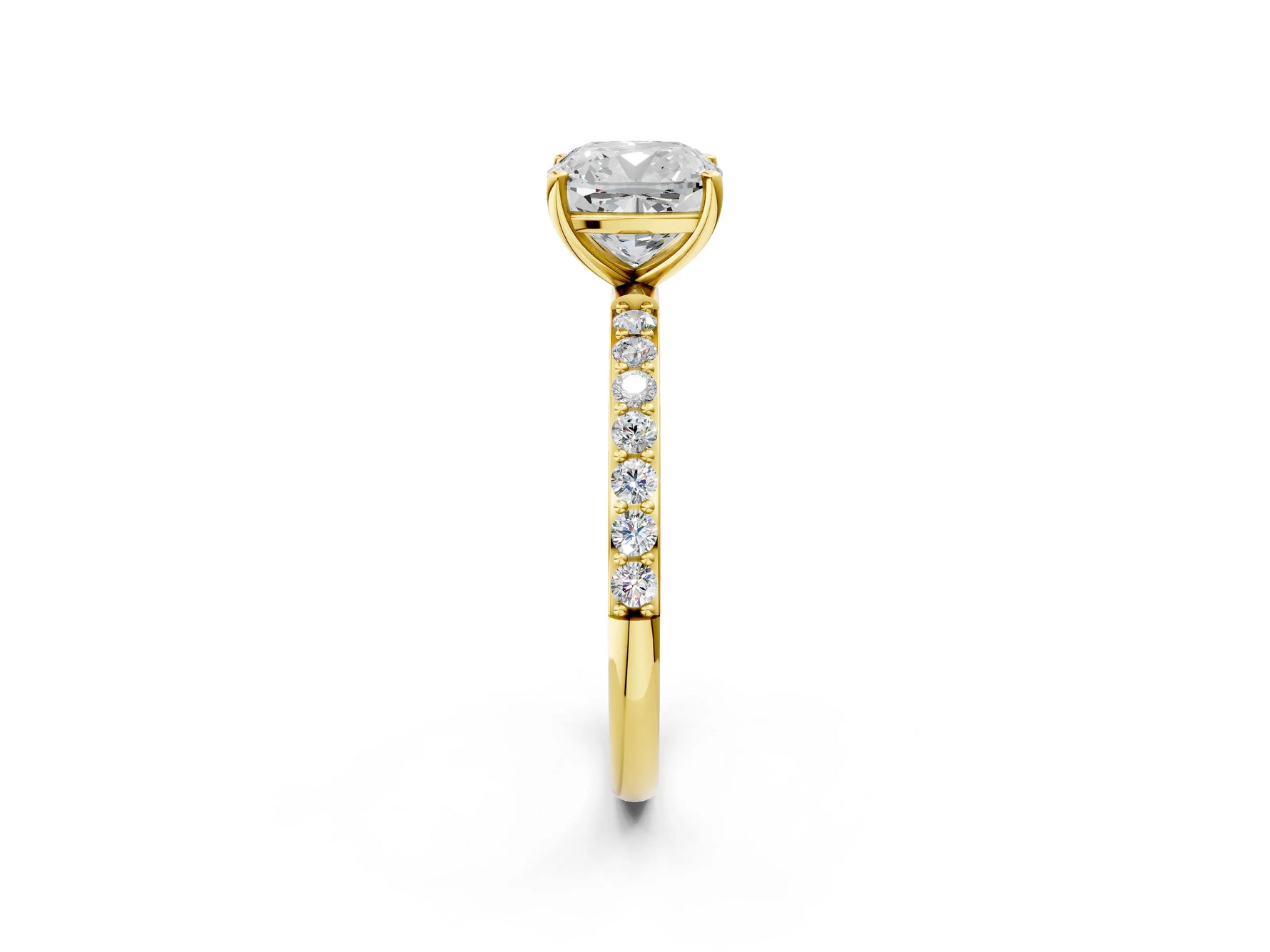 Cushion Cut Diamond Solitaire Ring in Yellow gold with Round Pavé Band_38