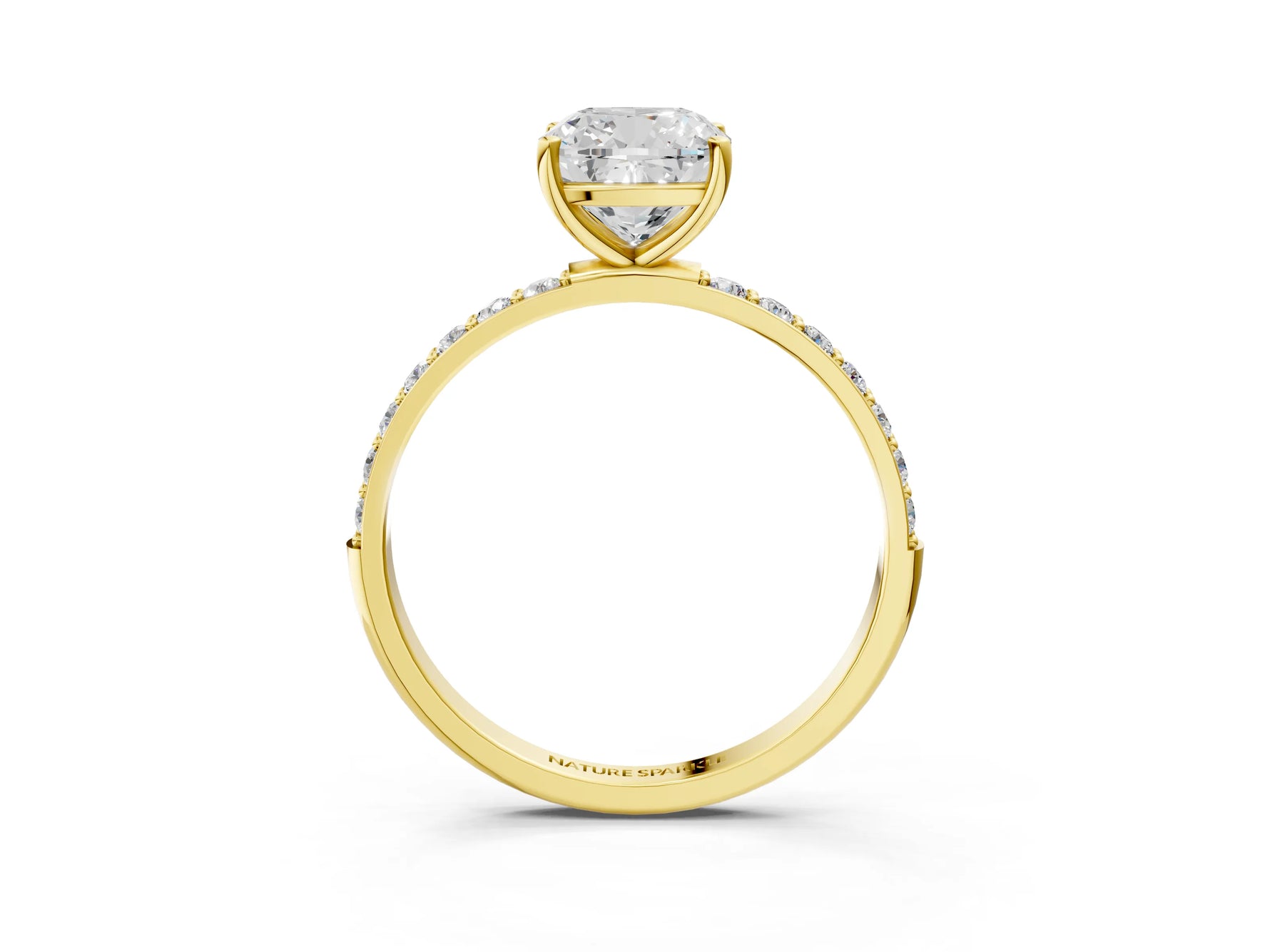Cushion Cut Diamond Solitaire Ring in Yellow gold with Round Pavé Band_39