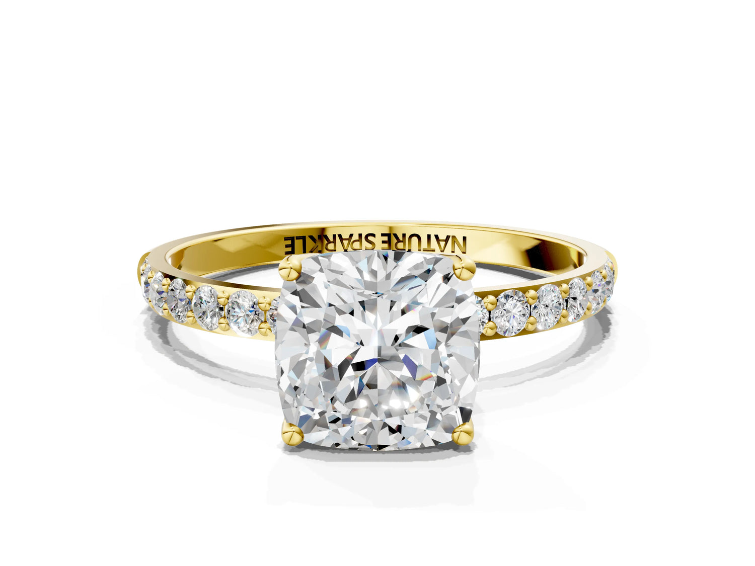 Cushion Cut Diamond Solitaire Ring in Yellow gold with Round Shared Prong Pavé Band_18