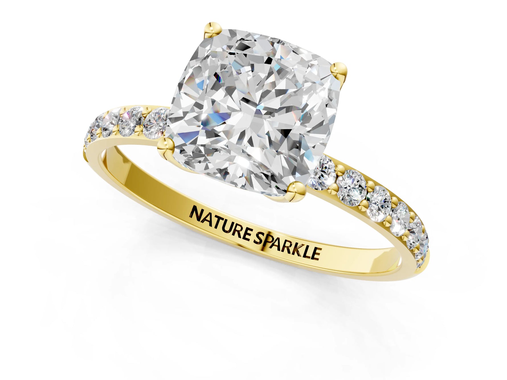 Cushion Cut Diamond Solitaire Ring in Yellow gold with Round Shared Prong Pavé Band_19