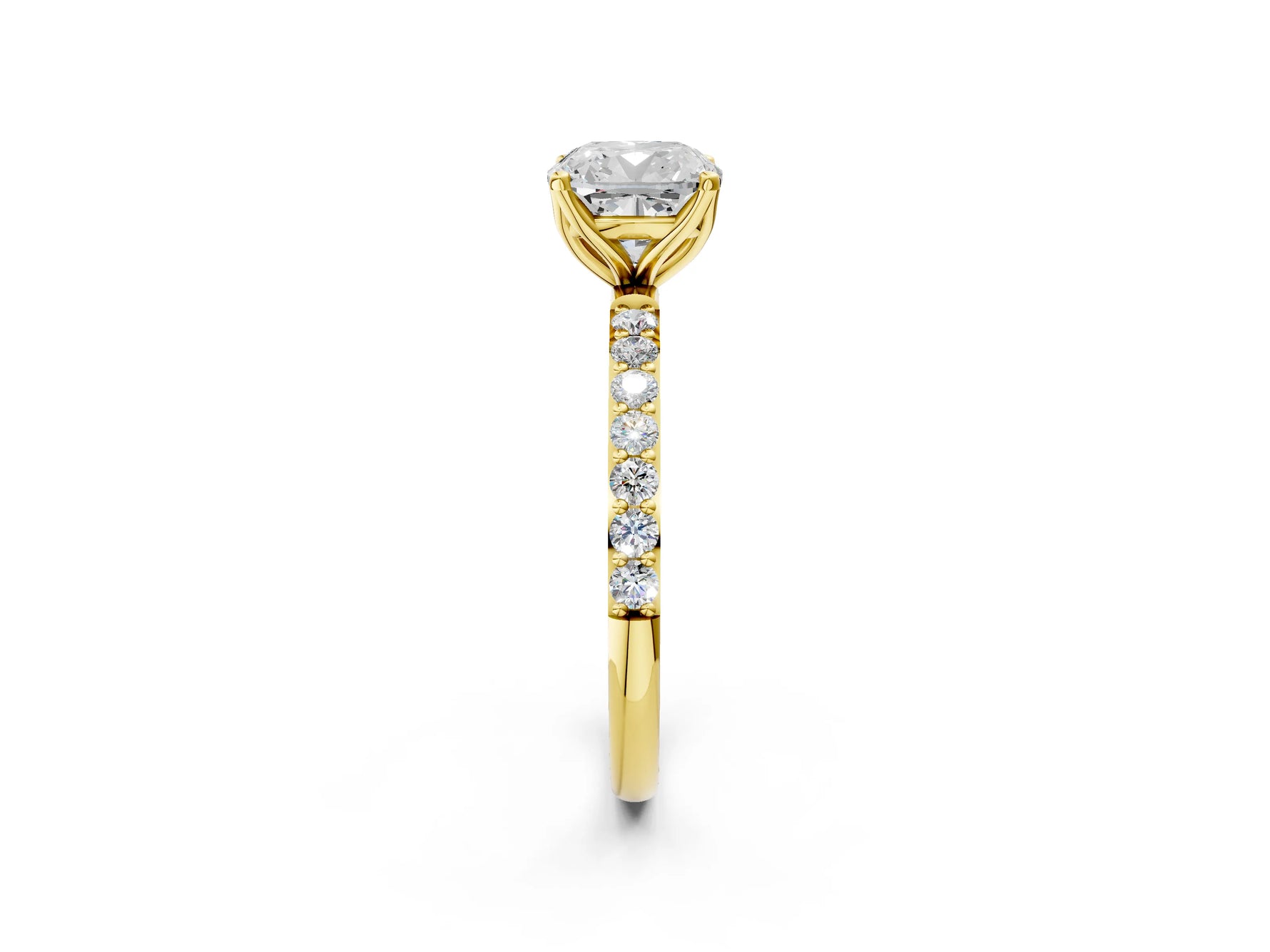 Cushion Cut Diamond Solitaire Ring in Yellow gold with Round Shared Prong Pavé Band_20