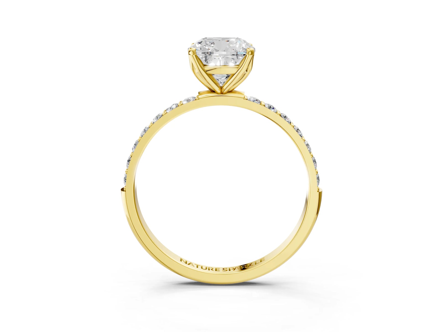 Cushion Cut Diamond Solitaire Ring in Yellow gold with Round Shared Prong Pavé Band_21