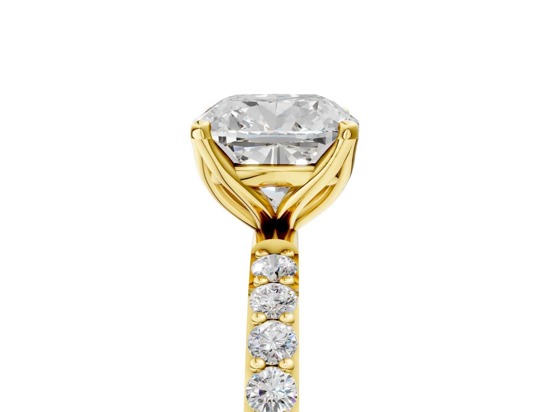 Cushion Cut Diamond Solitaire Ring in Yellow gold with Round Shared Prong Pavé Band_23
