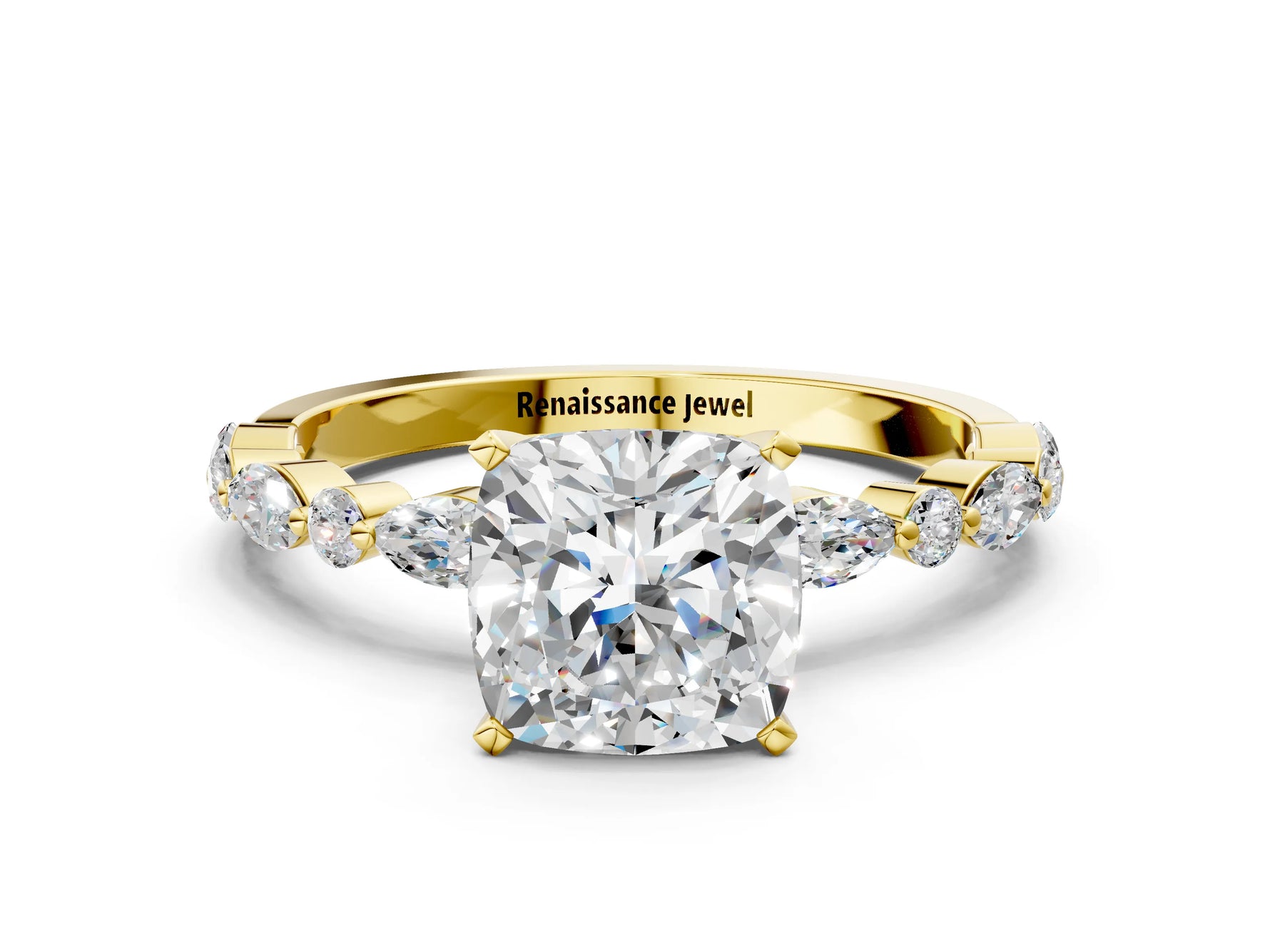 Cushion Cut Diamond Solitaire Ring in Yellow gold with Shared Prong Marquise and Round Side Stones_12