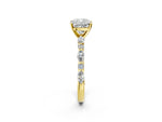 Cushion Cut Diamond Solitaire Ring in Yellow gold with Shared Prong Marquise and Round Side Stones_14