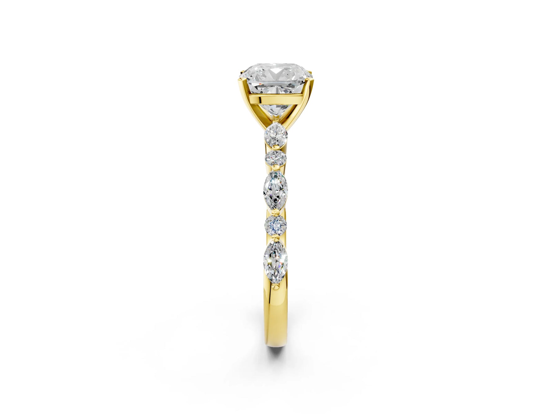 Cushion Cut Diamond Solitaire Ring in Yellow gold with Shared Prong Marquise and Round Side Stones_14