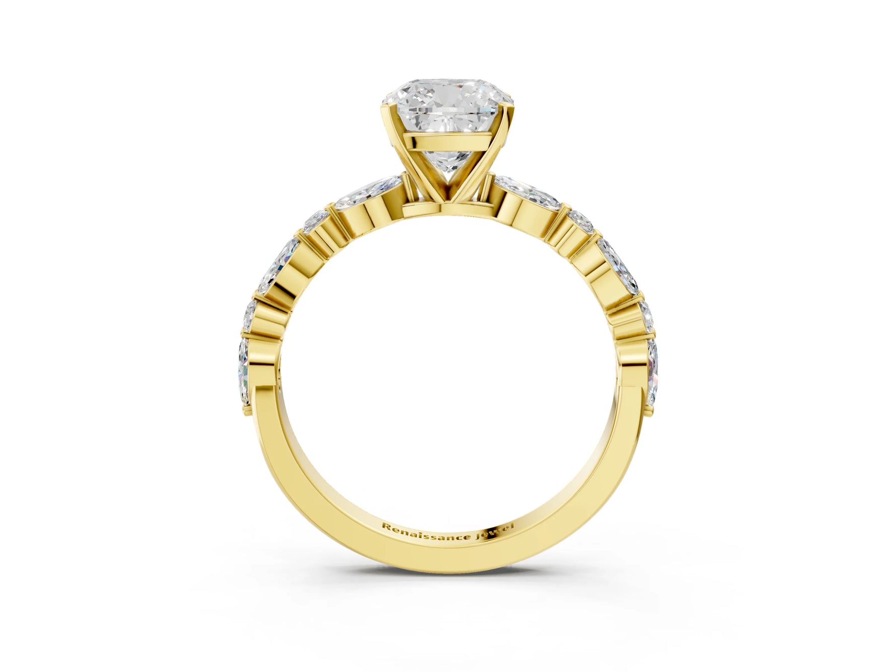 Cushion Cut Diamond Solitaire Ring in Yellow gold with Shared Prong Marquise and Round Side Stones_15