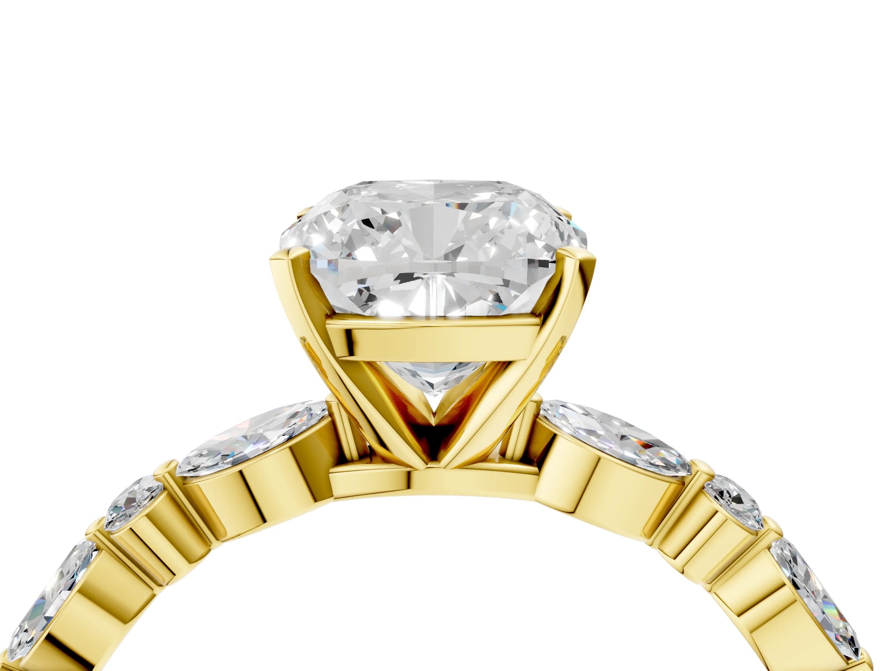 Cushion Cut Diamond Solitaire Ring in Yellow gold with Shared Prong Marquise and Round Side Stones_16