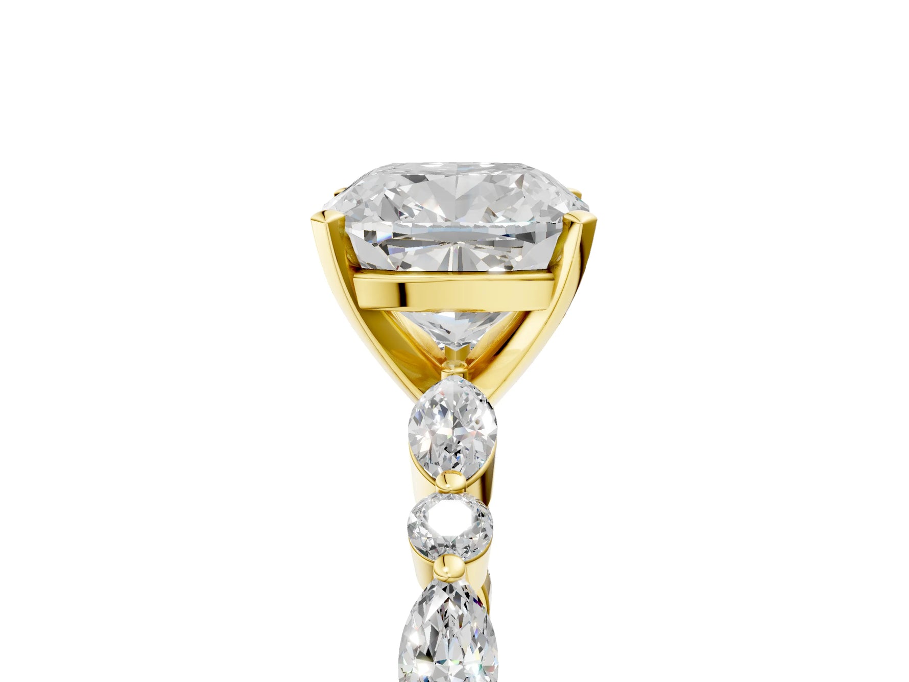 Cushion Cut Diamond Solitaire Ring in Yellow gold with Shared Prong Marquise and Round Side Stones_17