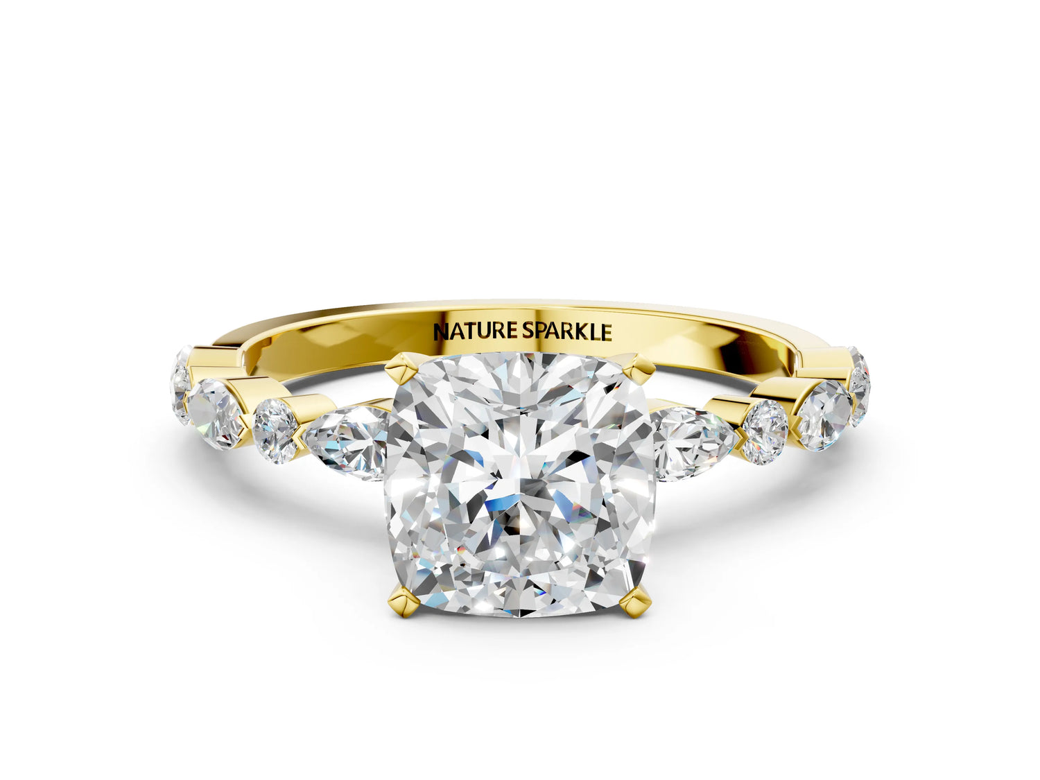 Cushion Cut Diamond Solitaire Ring in Yellow gold with Shared Prong Marquise and Round Side Stones_36