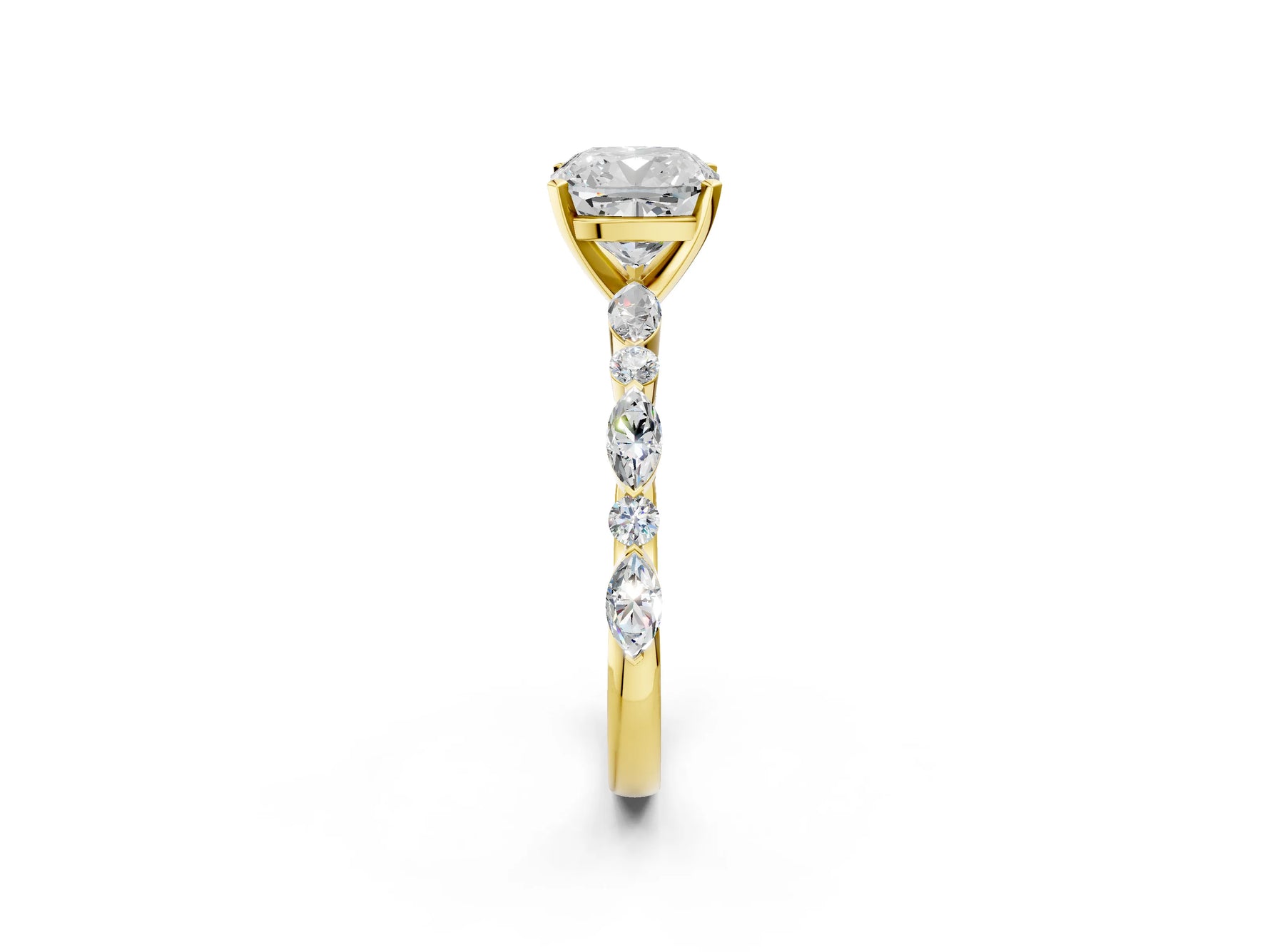 Cushion Cut Diamond Solitaire Ring in Yellow gold with Shared Prong Marquise and Round Side Stones_38