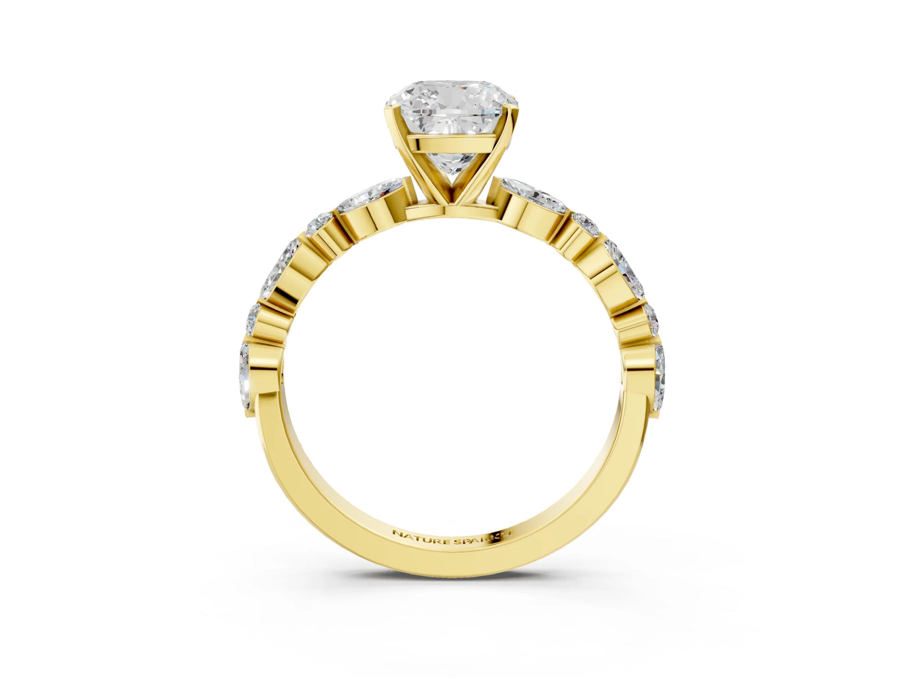 Cushion Cut Diamond Solitaire Ring in Yellow gold with Shared Prong Marquise and Round Side Stones_39