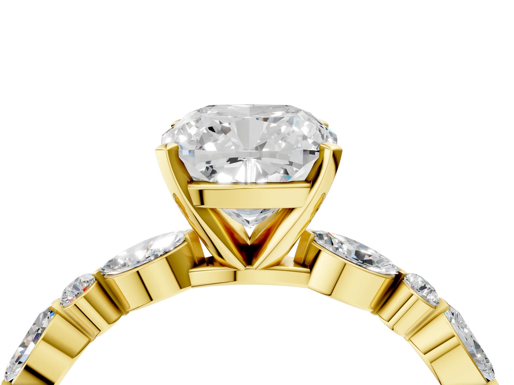 Cushion Cut Diamond Solitaire Ring in Yellow gold with Shared Prong Marquise and Round Side Stones_40