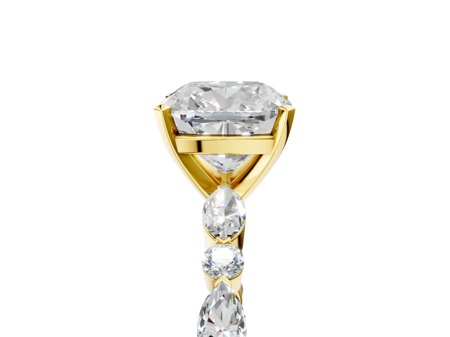 Cushion Cut Diamond Solitaire Ring in Yellow gold with Shared Prong Marquise and Round Side Stones_41