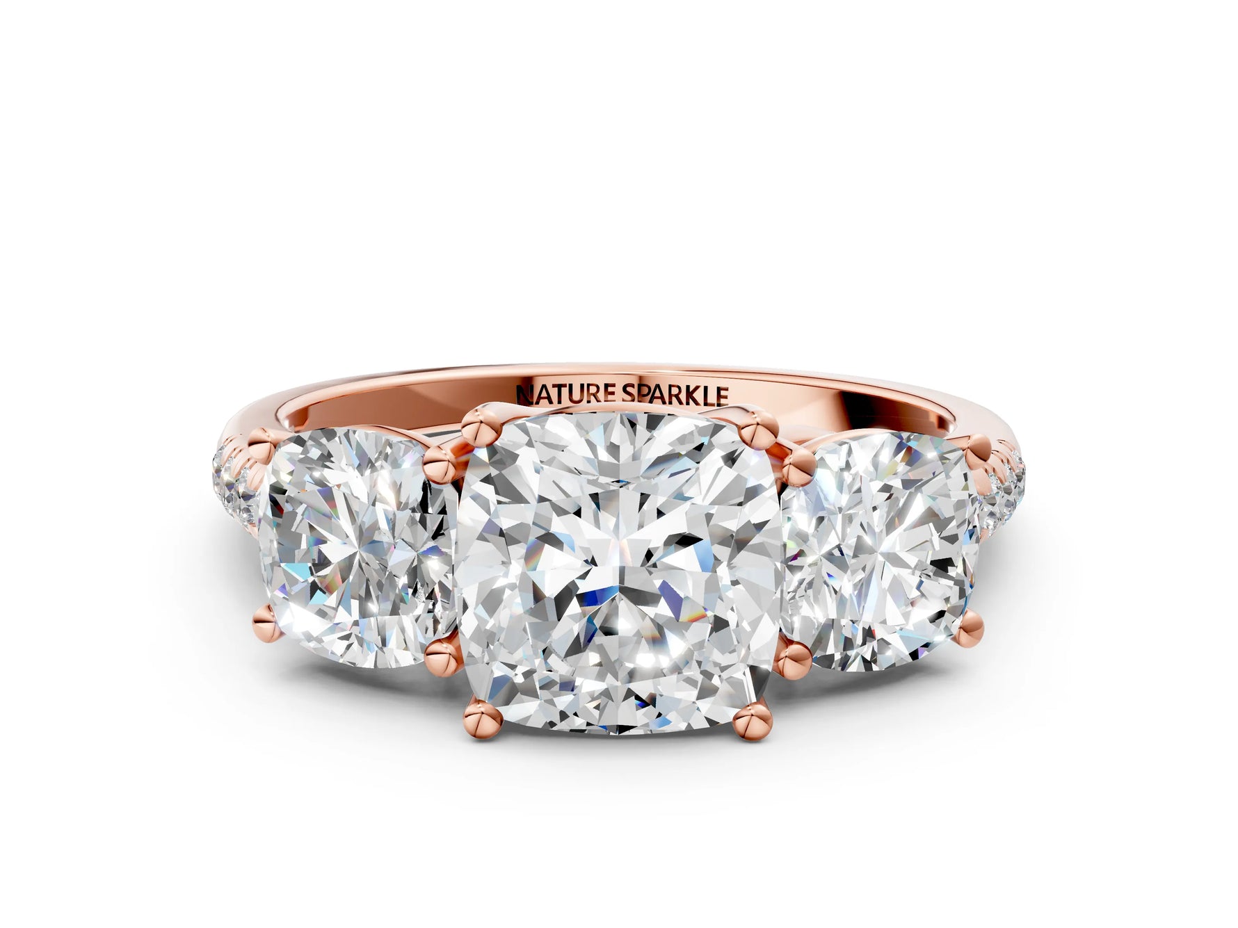 Cushion Cut Diamond Trellis Three-Stone Engagement Ring in Rose gold with Round Side Stones_18