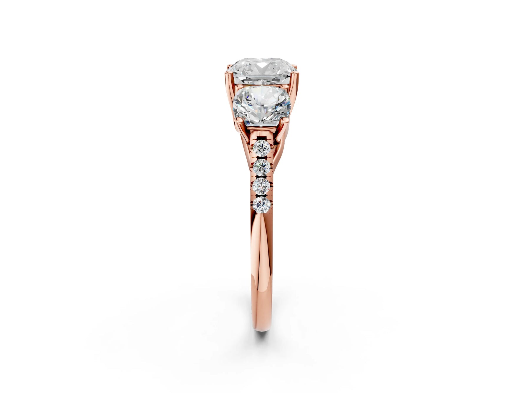 Cushion Cut Diamond Trellis Three-Stone Engagement Ring in Rose gold with Round Side Stones_20