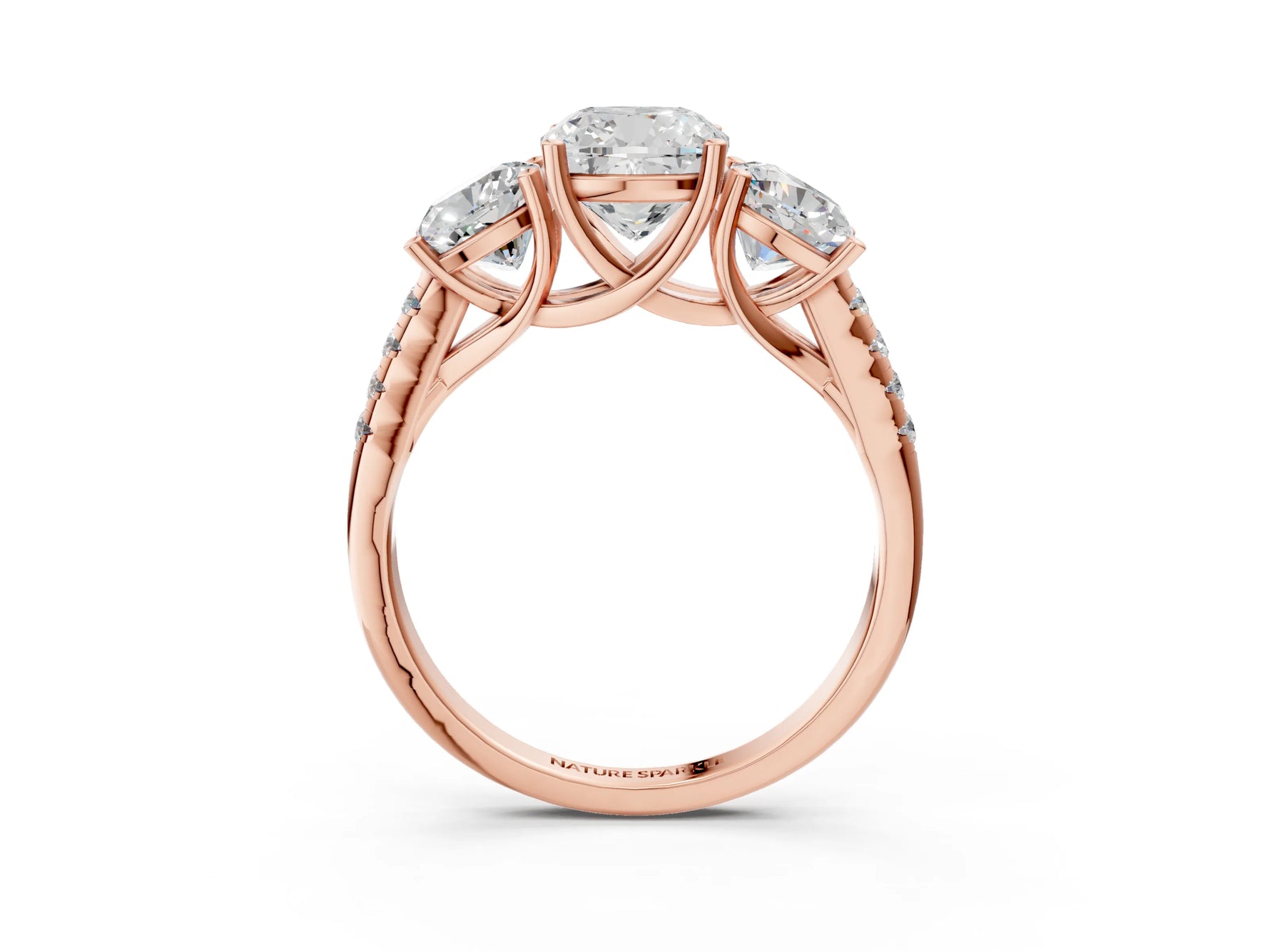Cushion Cut Diamond Trellis Three-Stone Engagement Ring in Rose gold with Round Side Stones_21