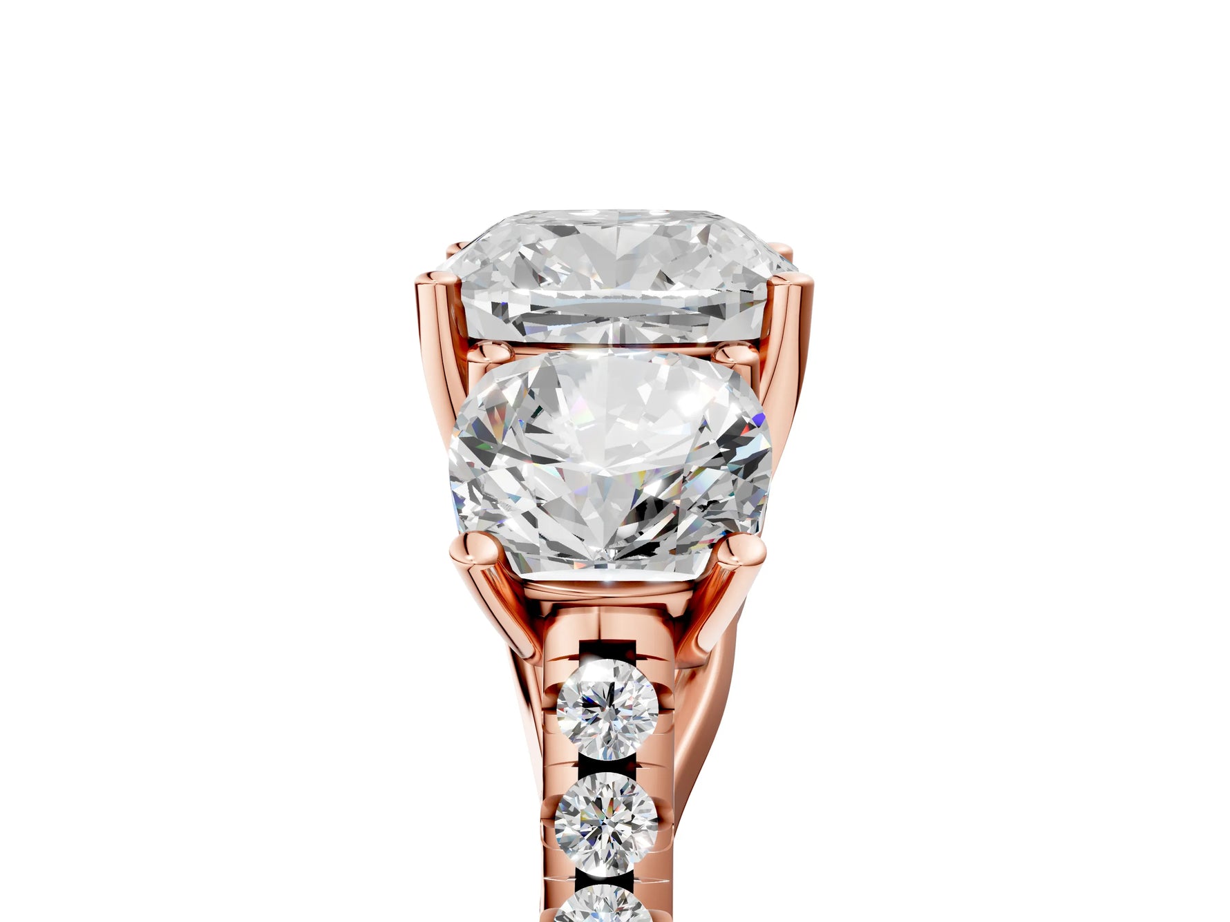 Cushion Cut Diamond Trellis Three-Stone Engagement Ring in Rose gold with Round Side Stones_23