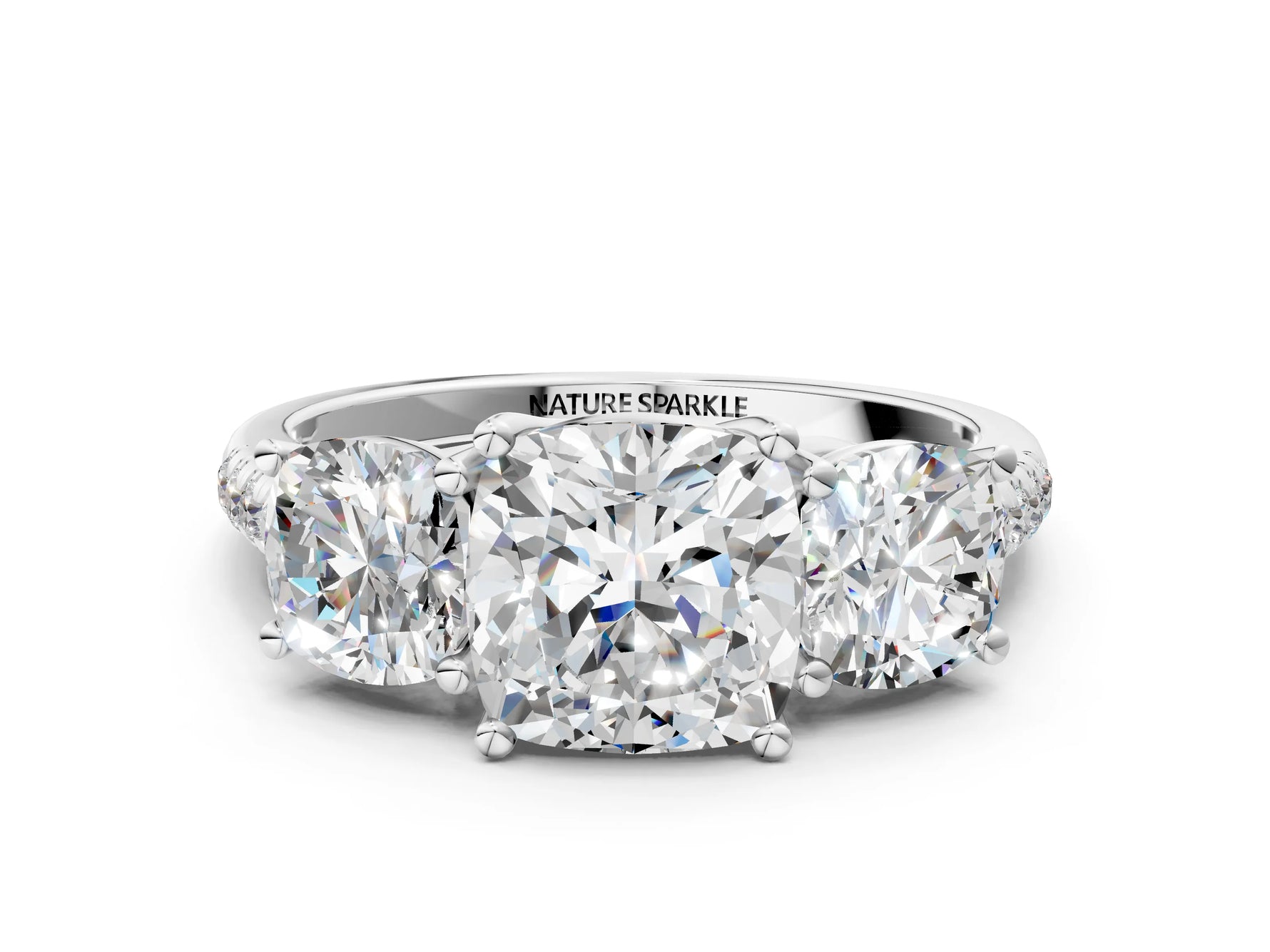 Cushion Cut Diamond Trellis Three-Stone Engagement Ring in White gold with Round Side Stones_18