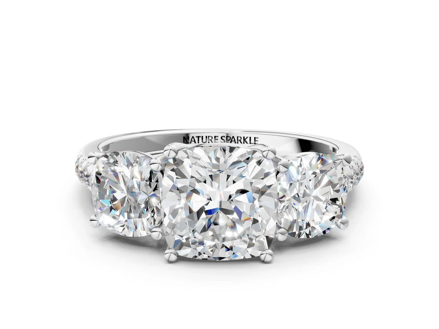 Cushion Cut Diamond Trellis Three-Stone Engagement Ring in Silver with Round Side Stones