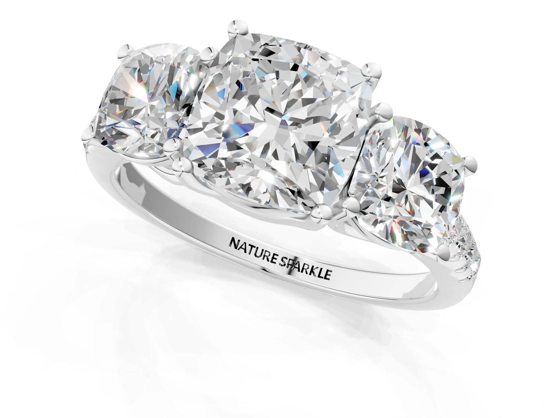 Cushion Cut Diamond Trellis Three-Stone Engagement Ring in White gold with Round Side Stones_19