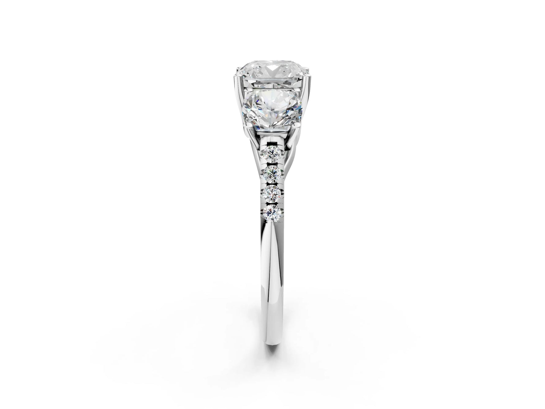 Cushion Cut Diamond Trellis Three-Stone Engagement Ring in White gold with Round Side Stones_20