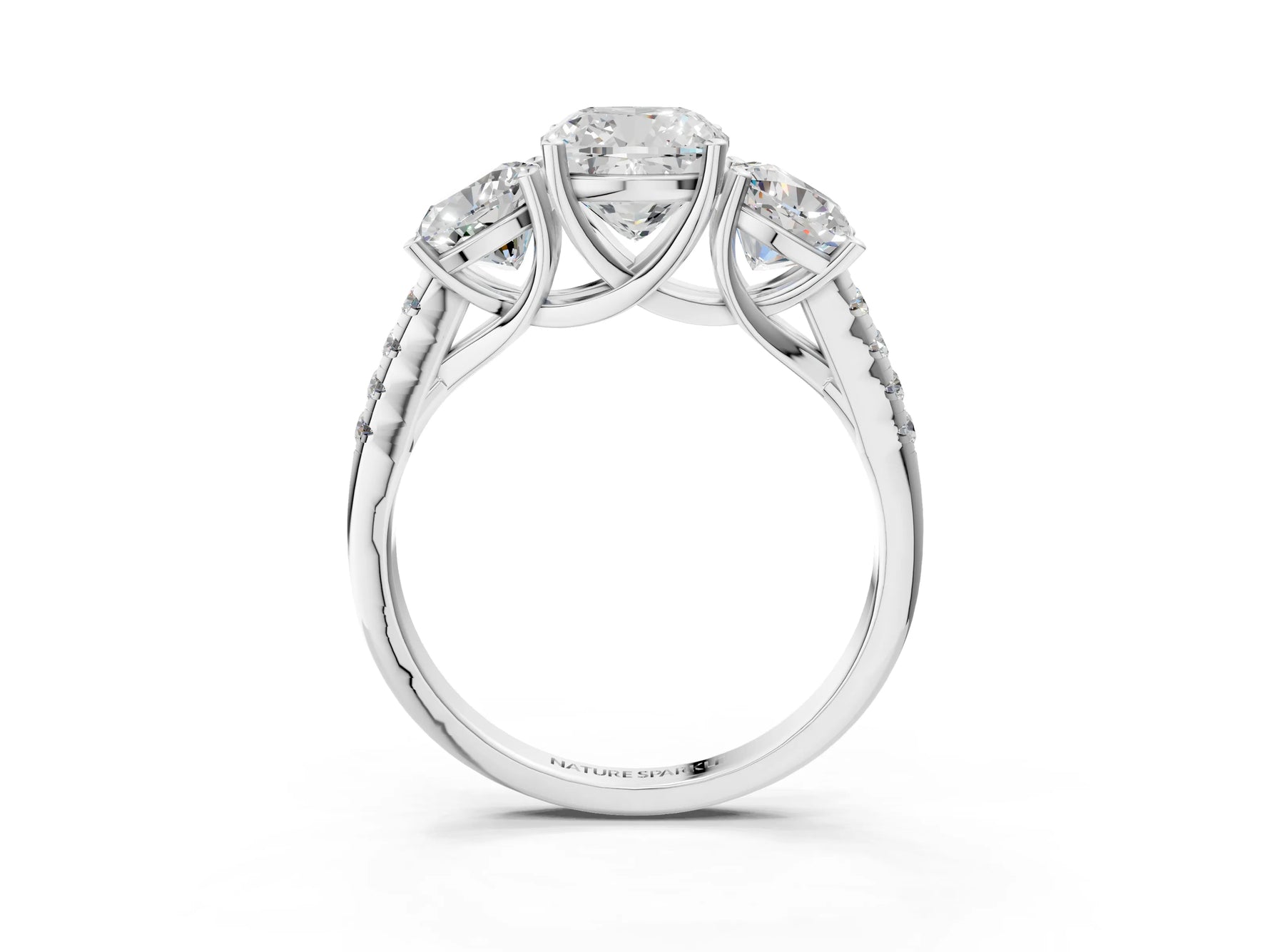 Cushion Cut Diamond Trellis Three-Stone Engagement Ring in White gold with Round Side Stones_21