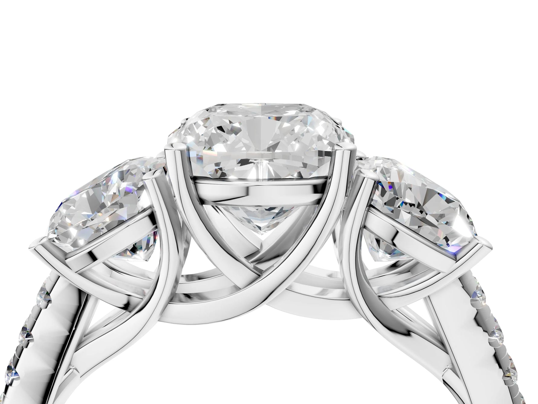 Cushion Cut Diamond Trellis Three-Stone Engagement Ring in White gold with Round Side Stones_22