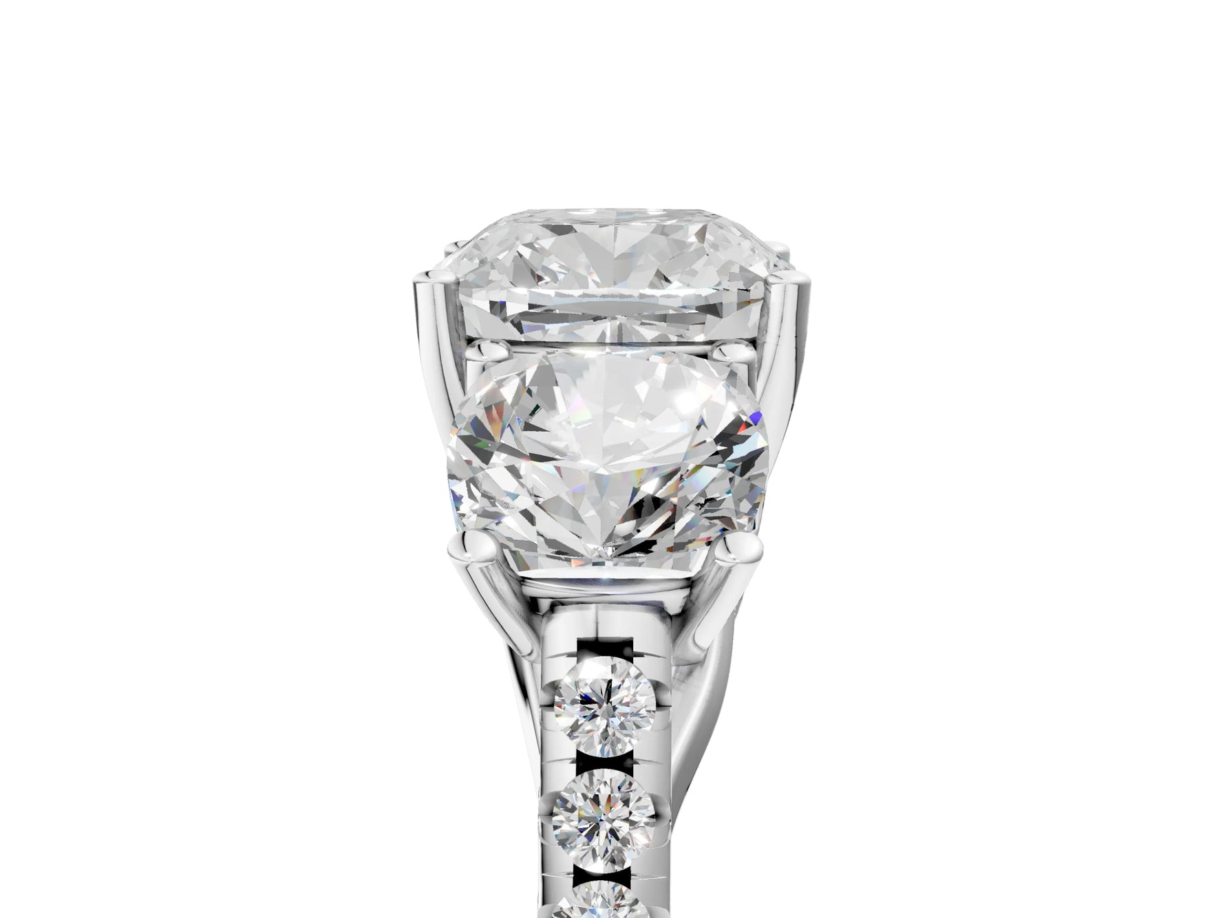 Cushion Cut Diamond Trellis Three-Stone Engagement Ring in White gold with Round Side Stones_23